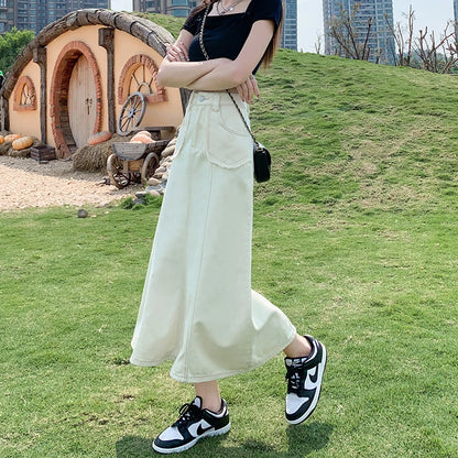 Apricot Denim Skirt Summer Women's 2024 New High Waist Slim Fashion Design Pocket Hip A-line Ankle-length Jean Skirt