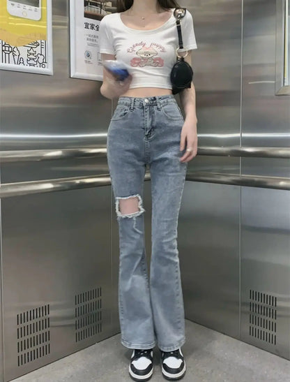 Denim Pants for Women Blue Womens Ripped Jeans Slim Fit Straight Leg Bell Bottom Trousers Original Emo Wholesale Stylish Wide A