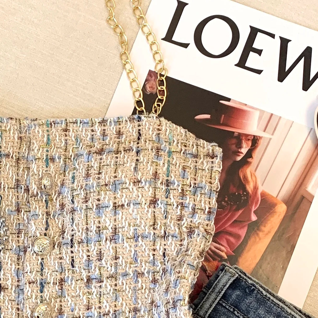 Women Summer Tweed Chain Chic Tank Tops Buttons Off Shoulder with Bra Pad Crop Tops Pleated Sexy Backless Sleeveless Sweet Camis