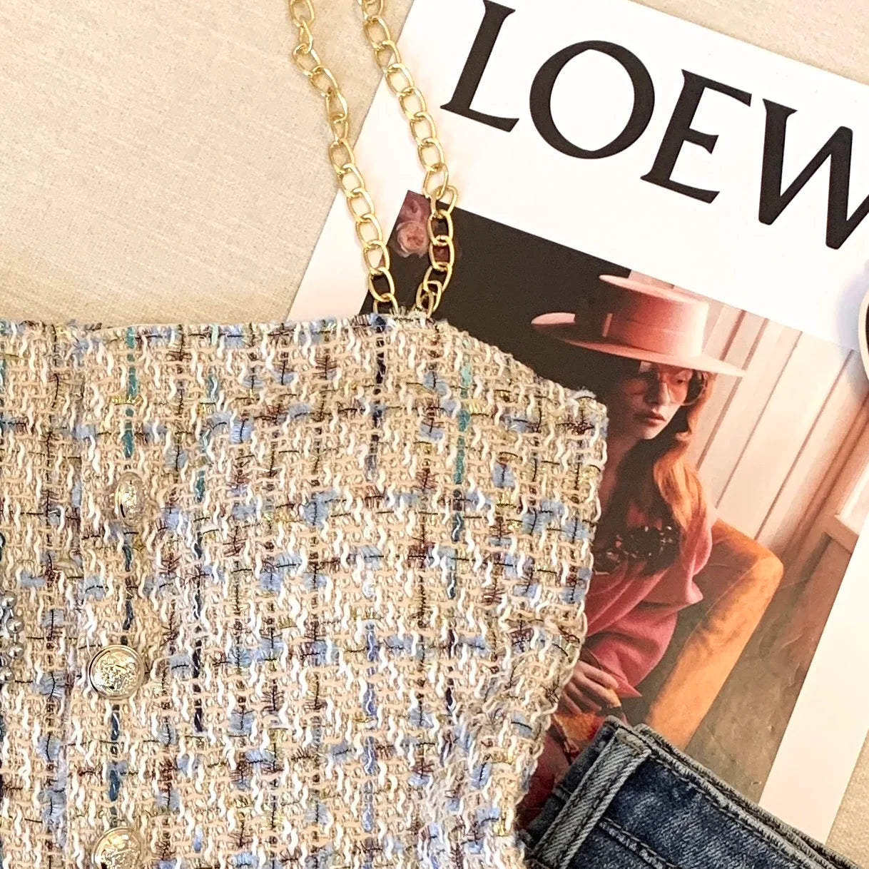 Women Summer Tweed Chain Chic Tank Tops Buttons Off Shoulder with Bra Pad Crop Tops Pleated Sexy Backless Sleeveless Sweet Camis