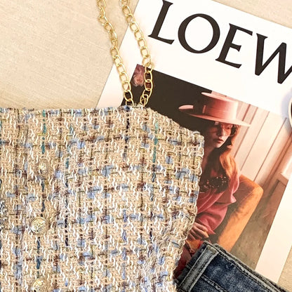 Women Summer Tweed Chain Chic Tank Tops Buttons Off Shoulder with Bra Pad Crop Tops Pleated Sexy Backless Sleeveless Sweet Camis