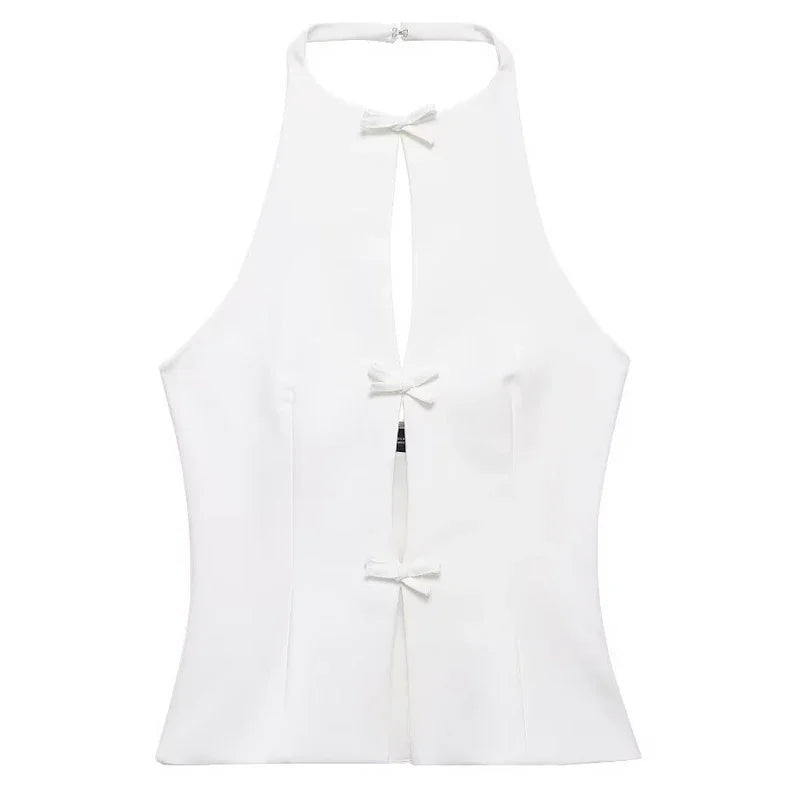 Women Fashion Bow Solid Halter Tops Women Hollow Out Sleeveless Backless Tank Top Summer  Elegant Vest Office Lady