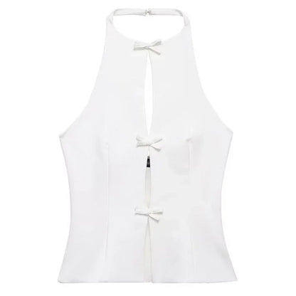 Women Fashion Bow Solid Halter Tops Women Hollow Out Sleeveless Backless Tank Top Summer  Elegant Vest Office Lady