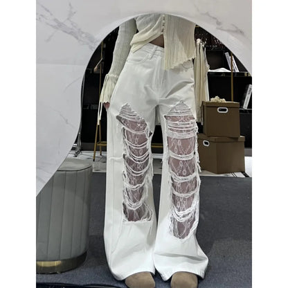 Washed Ripped Lace Denim Jeans for Women, Street Straight-leg Loose Wide-leg American Style Long Pants