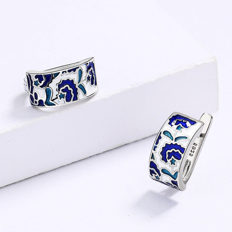 925 Silver Classic Creative Handmade Blue Enamel Earrings For Ladies Flower Shape Earrings Fashion Party Jewelry Women Earrings