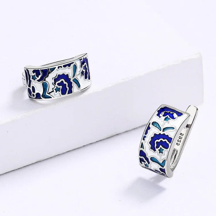 925 Silver Classic Creative Handmade Blue Enamel Earrings For Ladies Flower Shape Earrings Fashion Party Jewelry Women Earrings