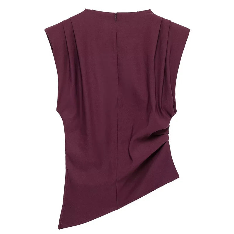 TRAF Ruffled Asymmetric Tops For Women Tanks & Camis Summer 2025 Burgundy Brown Black Tank Tops Ruched O-Neck Sleeveless Vests
