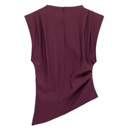 TRAF Ruffled Asymmetric Tops For Women Tanks & Camis Summer 2025 Burgundy Brown Black Tank Tops Ruched O-Neck Sleeveless Vests