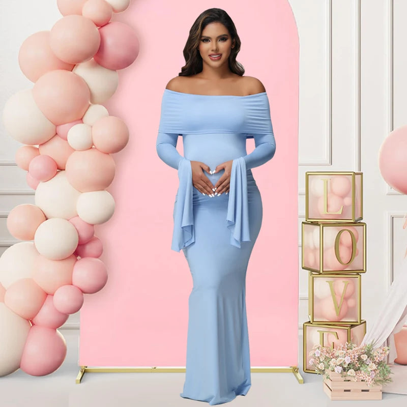 Women Maternity Dresses For Photoshoot Sexy Off Shoulder Long Sleeve Bodycon Pregnancy Baby Shower Maxi Gown