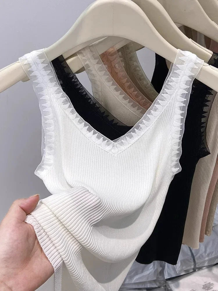 2025 Women Summer Fashion Thin Knitted Undershirt Sleeveless Corset Top Half High Neck Comfortable Breathable Lace Tank Top New