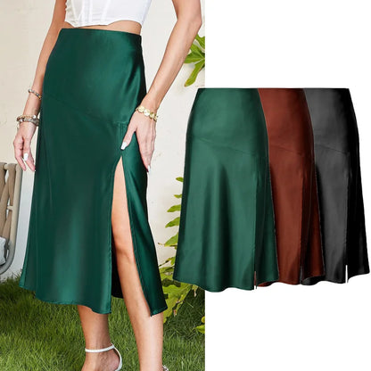 Women Split Skirts Summer Fashion Soft satin skirt women's high waist A-line skirts sexy Female Skirts