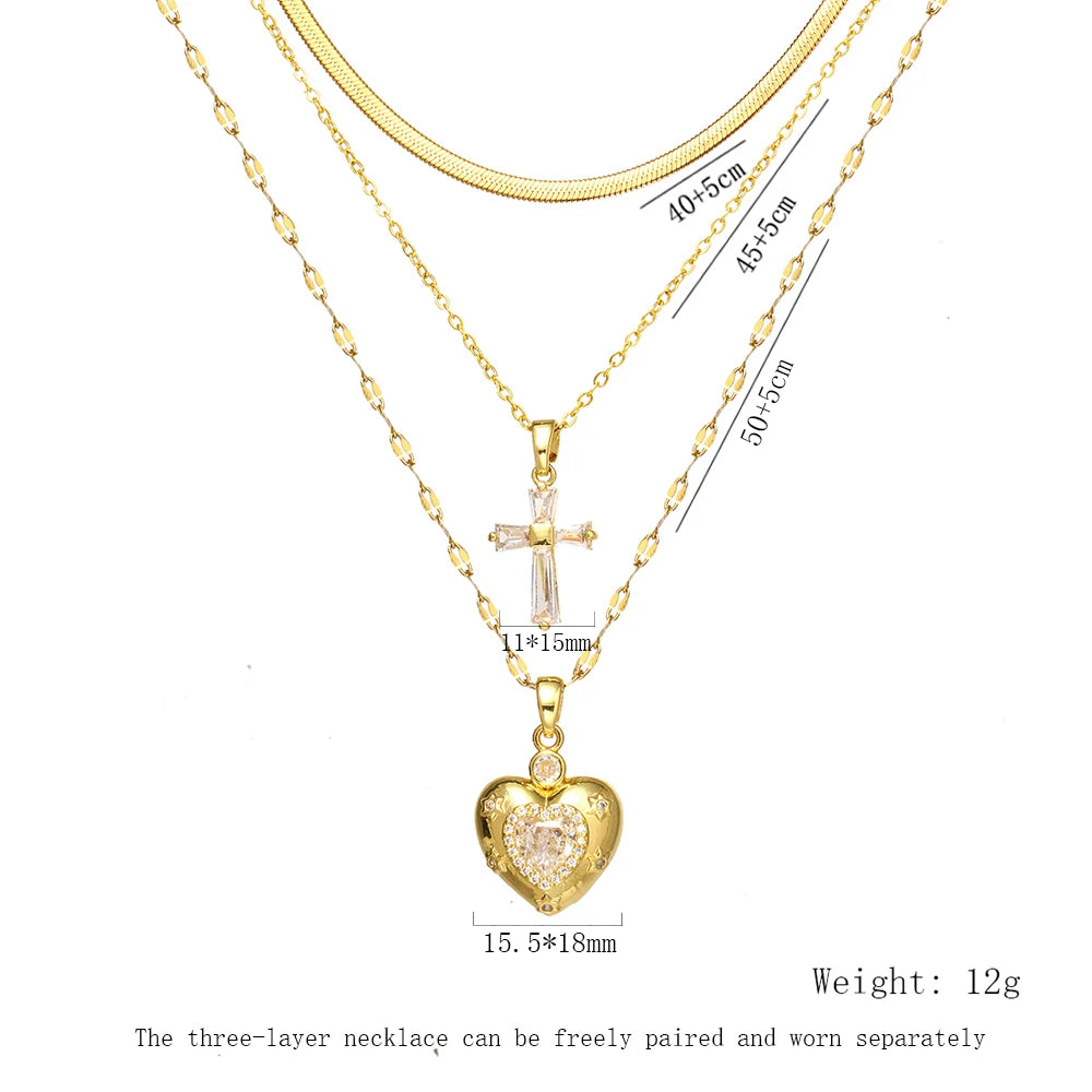 Women's High-End Heart-Shaped Necklace with Zircon Cross Pendant Stainless Steel Collarbone Chain Fashionable Jewelry