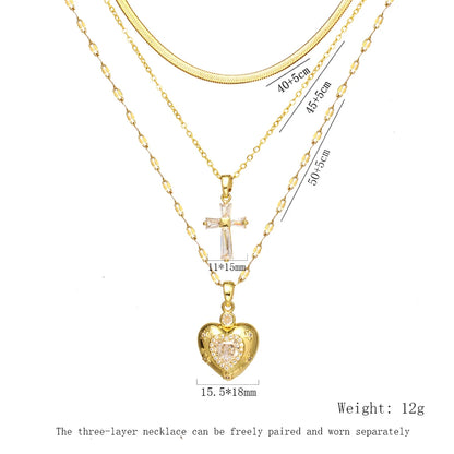 Women's High-End Heart-Shaped Necklace with Zircon Cross Pendant Stainless Steel Collarbone Chain Fashionable Jewelry