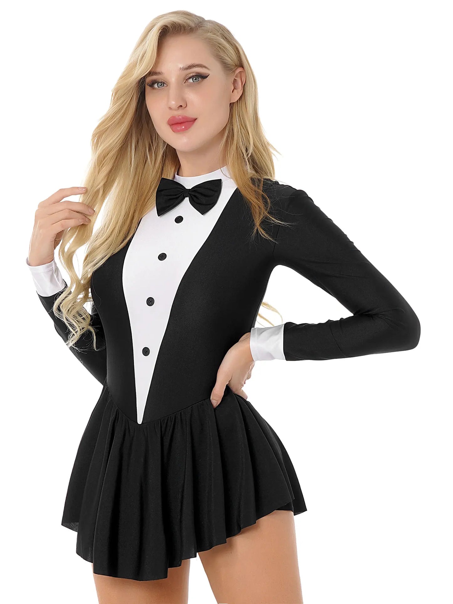Women Waitress Cosplay Costume Dancewear Long Sleeve Ballroom Latin Dance Dress Bowknot Ruffle Tuxedo Leotard Dresses Clubwear