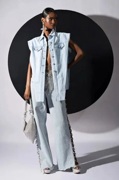 Women Denim Long Jeans with Drill Chains Straight Wide-leg Jeans High Waist Ripped Jeans for Women Summer Thin Side Slit Pants