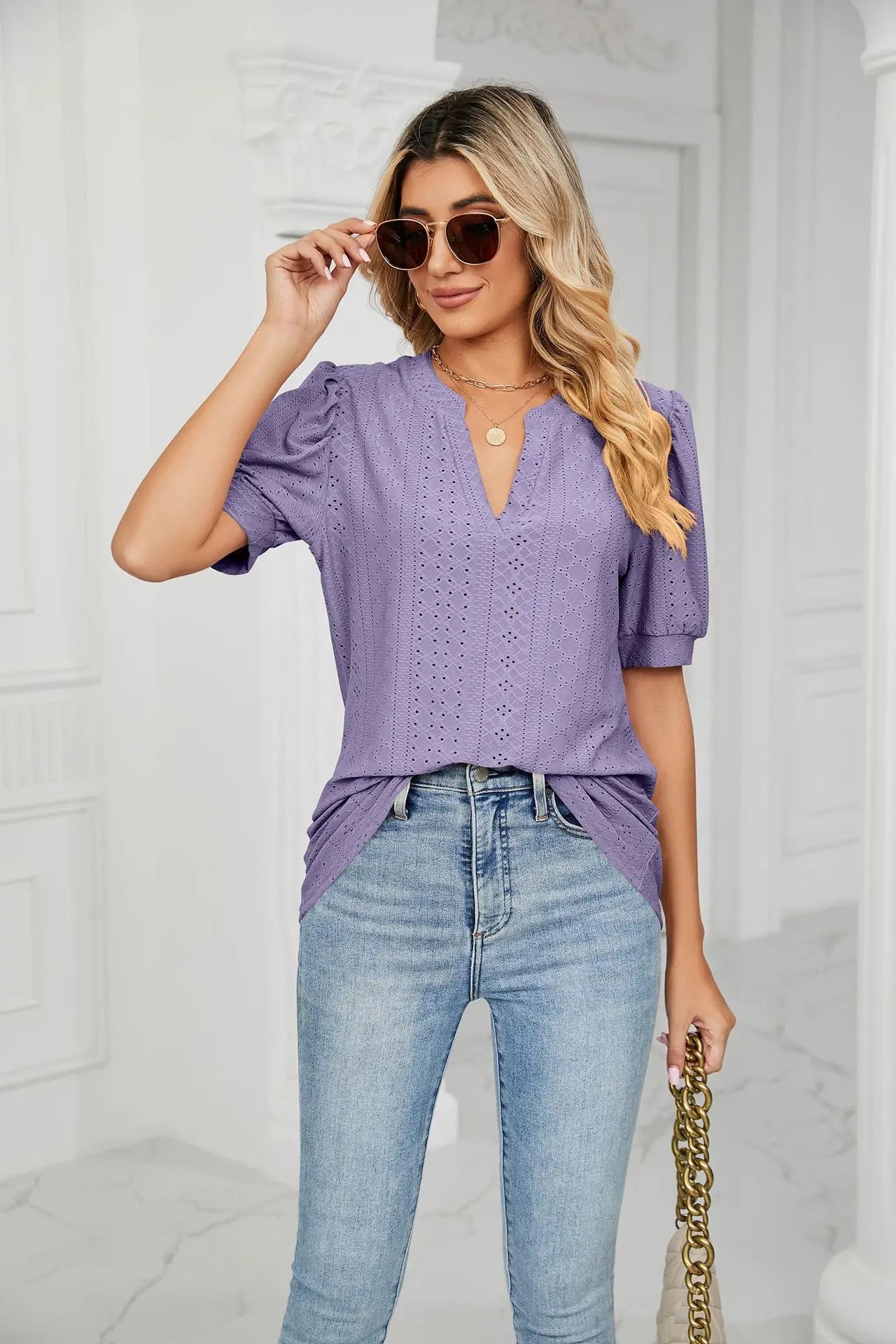 Womens Tops V Neck Ruffle Sleeve Blouses Short Sleeve Casual Tops T-Shirts for Women Autumn Winter
