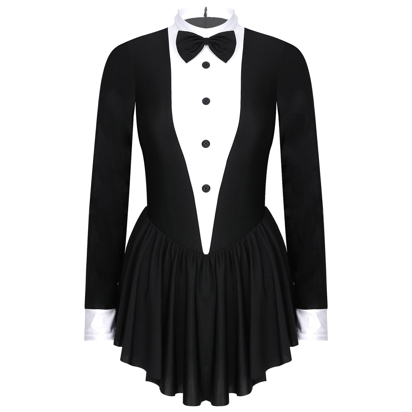 Women Waitress Cosplay Costume Dancewear Long Sleeve Ballroom Latin Dance Dress Bowknot Ruffle Tuxedo Leotard Dresses Clubwear