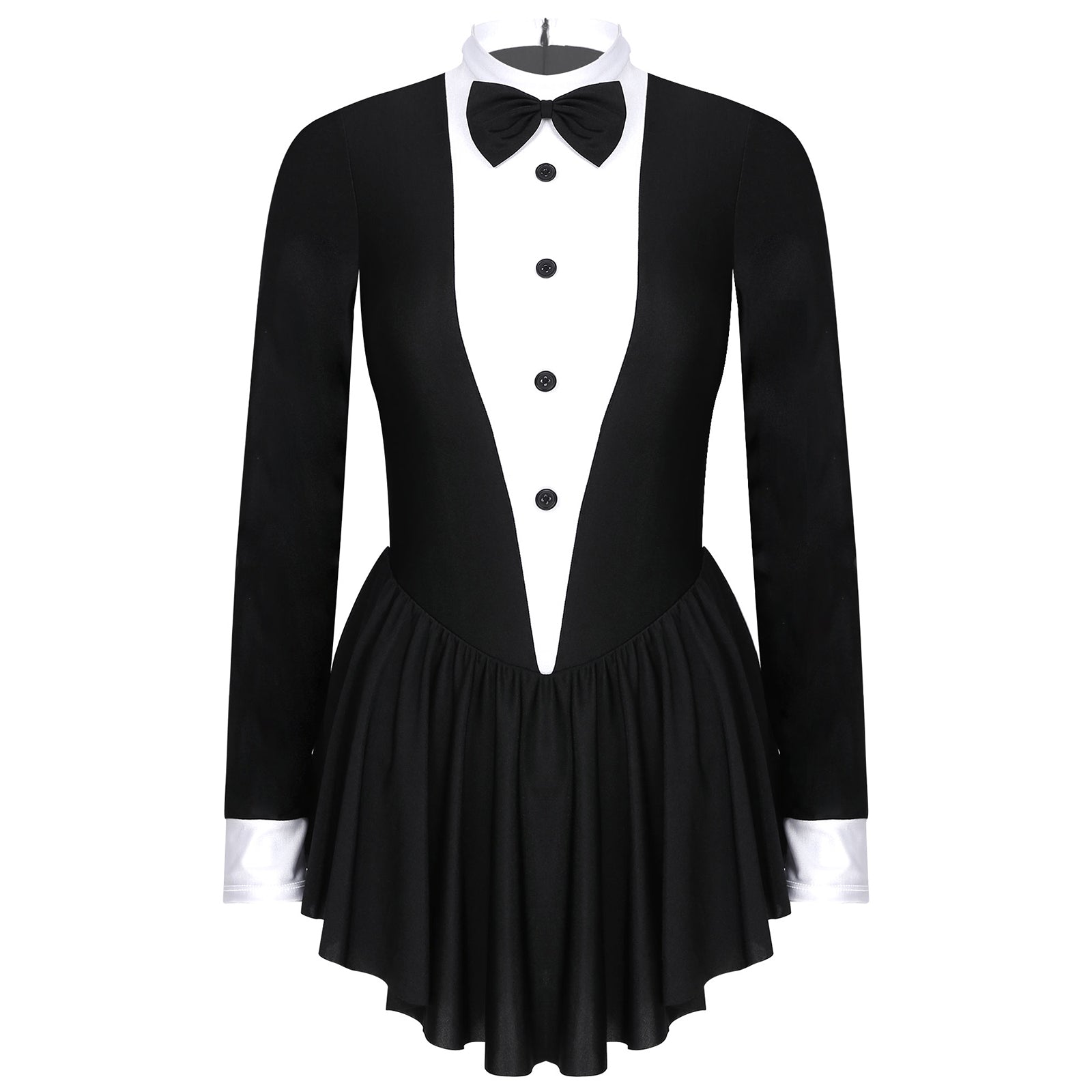 Women Waitress Cosplay Costume Dancewear Long Sleeve Ballroom Latin Dance Dress Bowknot Ruffle Tuxedo Leotard Dresses Clubwear
