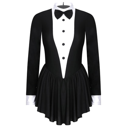 Women Waitress Cosplay Costume Dancewear Long Sleeve Ballroom Latin Dance Dress Bowknot Ruffle Tuxedo Leotard Dresses Clubwear
