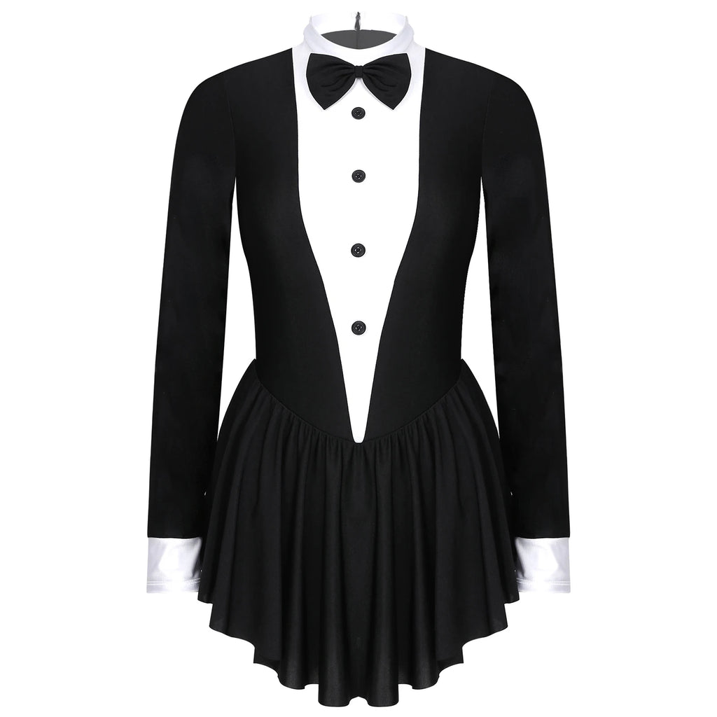Women Waitress Cosplay Costume Dancewear Long Sleeve Ballroom Latin Dance Dress Bowknot Ruffle Tuxedo Leotard Dresses Clubwear