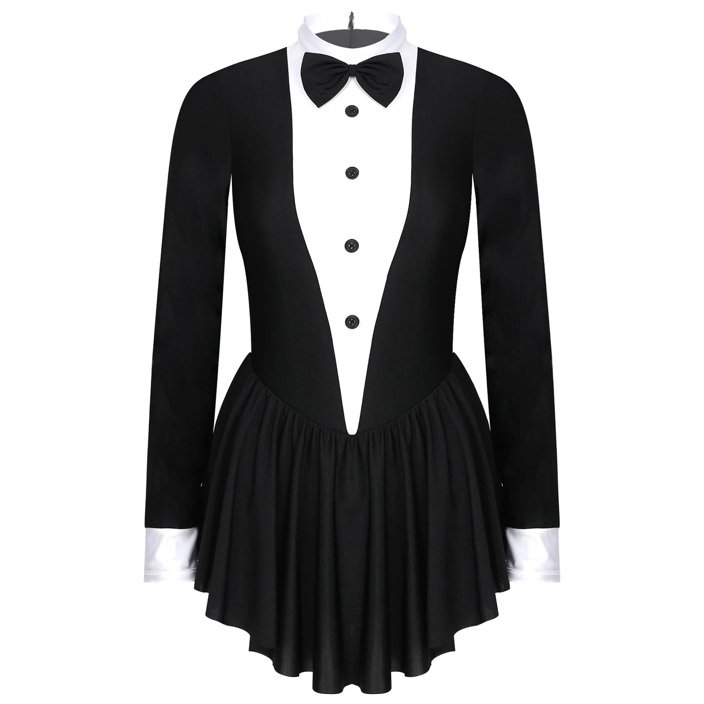 Women Waitress Cosplay Costume Dancewear Long Sleeve Ballroom Latin Dance Dress Bowknot Ruffle Tuxedo Leotard Dresses Clubwear