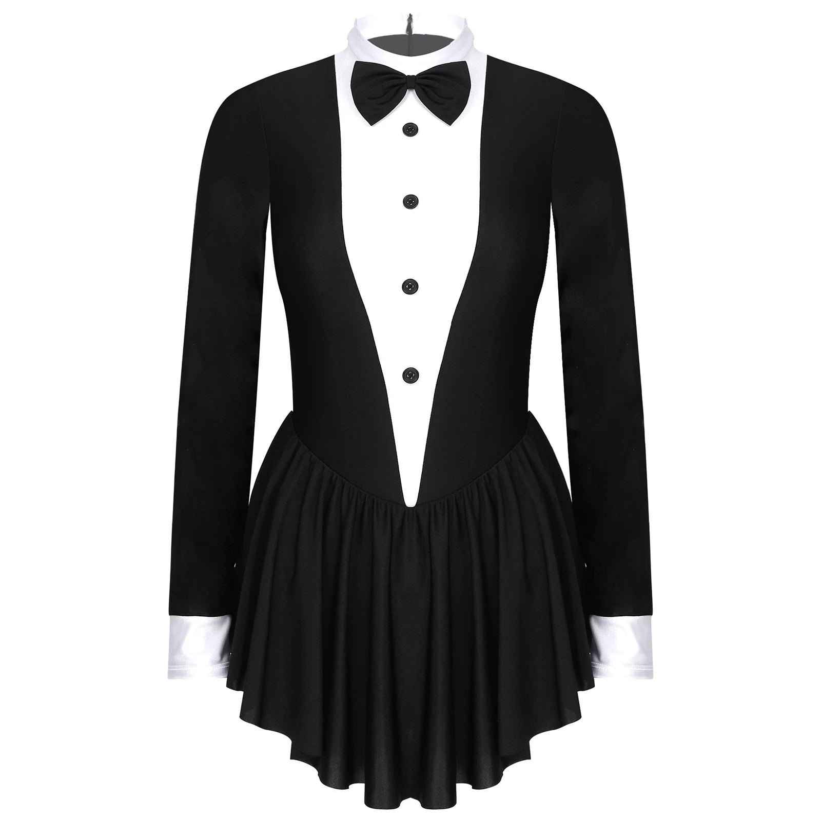 Women Waitress Cosplay Costume Dancewear Long Sleeve Ballroom Latin Dance Dress Bowknot Ruffle Tuxedo Leotard Dresses Clubwear