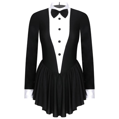 Women Waitress Cosplay Costume Dancewear Long Sleeve Ballroom Latin Dance Dress Bowknot Ruffle Tuxedo Leotard Dresses Clubwear