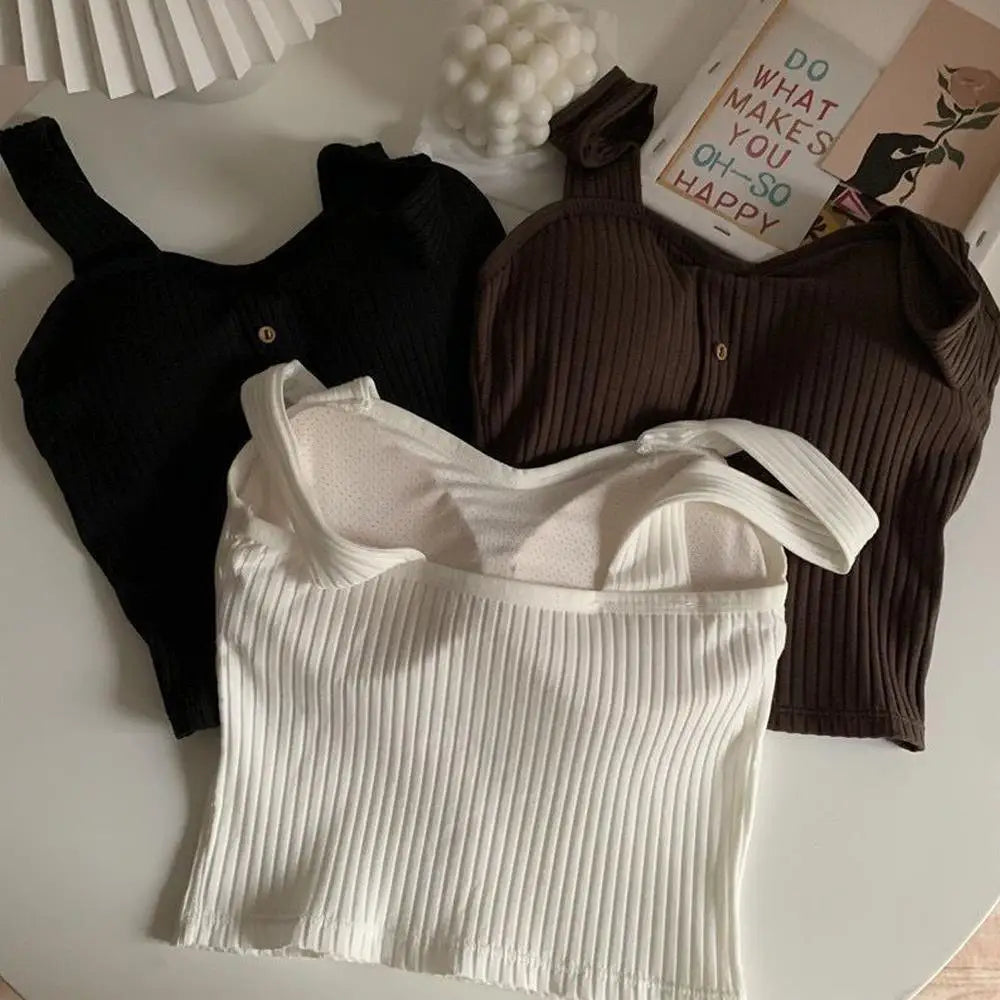 Women's Ribbed Tank Tops Y2K Cropped Tops with Bra Pads Knitted Button Down Suspenders Vest Sexy Camisole Female Short Tops