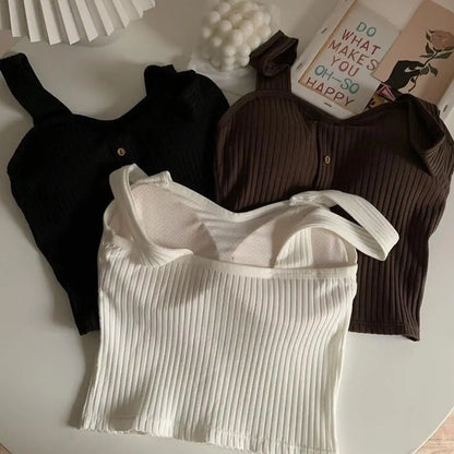 Women's Ribbed Tank Tops Y2K Cropped Tops with Bra Pads Knitted Button Down Suspenders Vest Sexy Camisole Female Short Tops