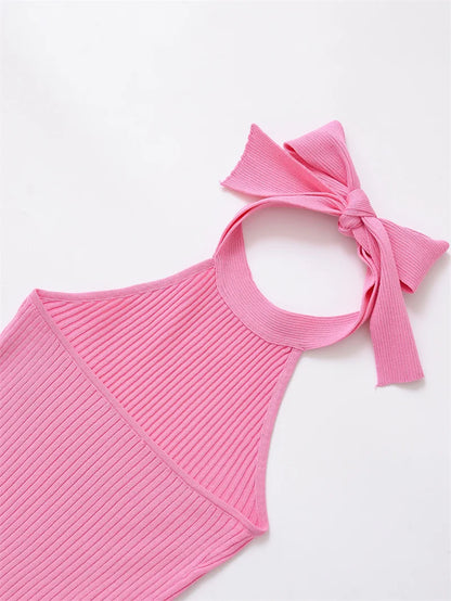 2025 Women's New Tops Summer Pink Halterneck Knitted Sleeveless Top Bow Trim Sexy Open Back Personality Fashion