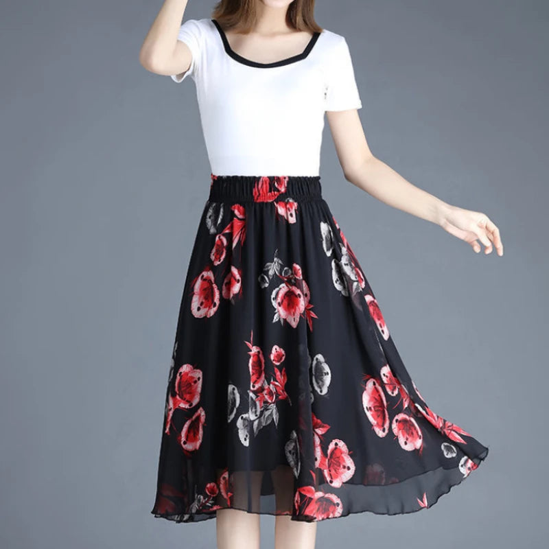 Skirts for Women Chiffon Woman Skirt Floral Midi Summer Casual New In Clothing Sales Modest Luxury Elegant High Quality V Cheap