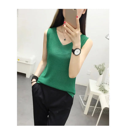 Top women Summer V Neck Hollow Knitted Vest Sleeveless Casual Tank Blusas Tops Sheer Mesh Patchwork T Shirt Bottom Camisole 2019