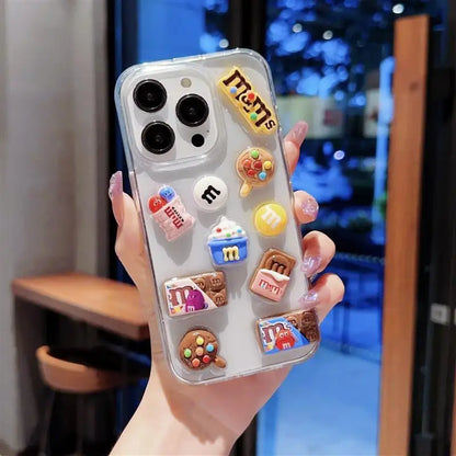 Super Cute M beans chocolate Phone Case for iPhone 16 15 14 13 12 11 Pro Max Cases Silicone Cover Transparent 3D Cartoon Funda