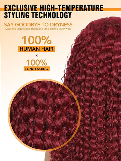 Curly Wig with Bangs Human Hair 99J Burgundy Water Wave Color Wigs Red wig with Bangs Colored 100% Brazilian Human Hair