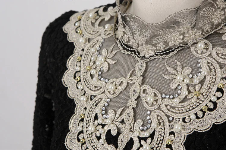 Women T Shirts Vintage Spring Winter Tees Autumn Lace Beads Hole Sexy Tops Warm Blouse Top Casual Full Long Sleeve Shirt