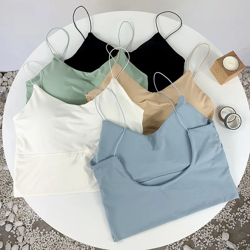 Sexy Women Crop Tops Ice Silk Summer Bra Sports Spaghetti Strap Vest Top Women Built In Bra Off Shoulder Sleeveless Camisole