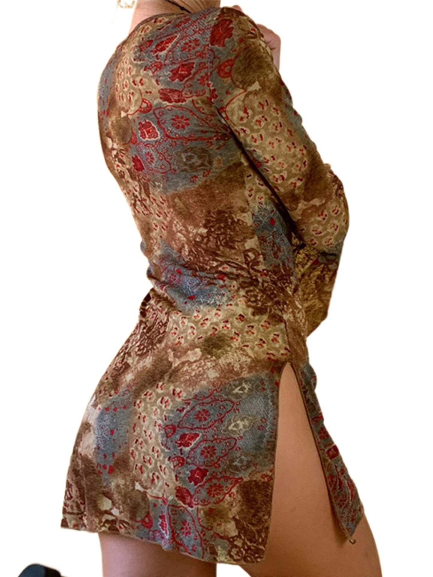 Fall Dresses For Women 2023 Y2k Club Dress Tie Up Vintage Print Flare Long Sleeve Slit  Grunge Mini Dress