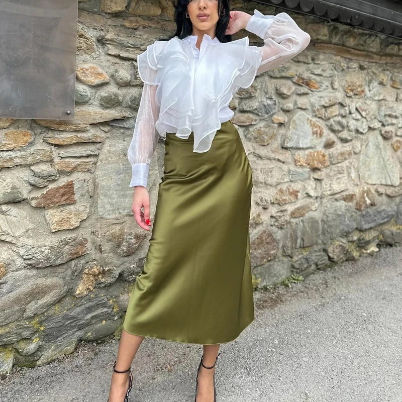 TRAF Women's Skirt Summer Elegant Satin Skirt Stylish Lady High Waist Skirts Cylinder Green Black Skirt Woman Office Street Wear