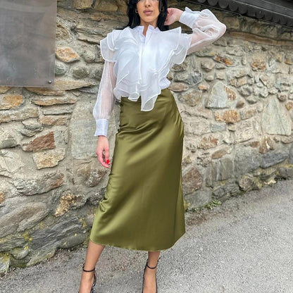 TRAF Women's Skirt Summer Elegant Satin Skirt Stylish Lady High Waist Skirts Cylinder Green Black Skirt Woman Office Street Wear