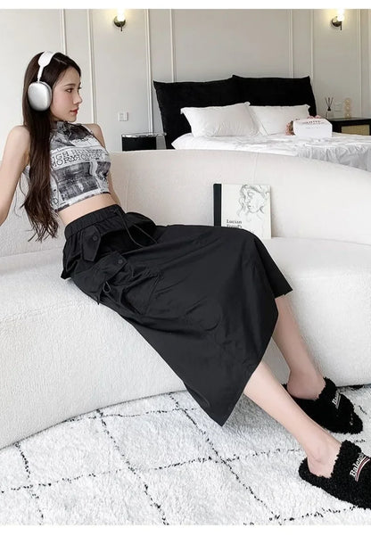 Skirts for Women Spring Summer Drawstring Workwear Half-body Skirt Split Mid-length Skirt Pure Color Package Hip One-Step Skirt