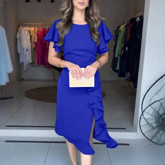 Elegant Dresses for Women Short Sleeves Pleated Hem Slim Fit Dress Summer Solid Color Elegant Pleated Hem A-Line Women's Dress