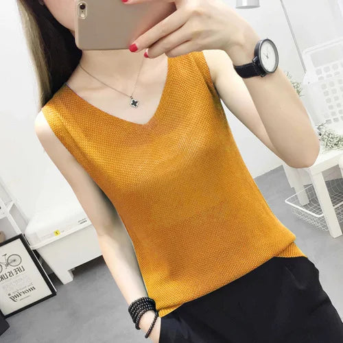 Top women Summer V Neck Hollow Knitted Vest Sleeveless Casual Tank Blusas Tops Sheer Mesh Patchwork T Shirt Bottom Camisole 2019