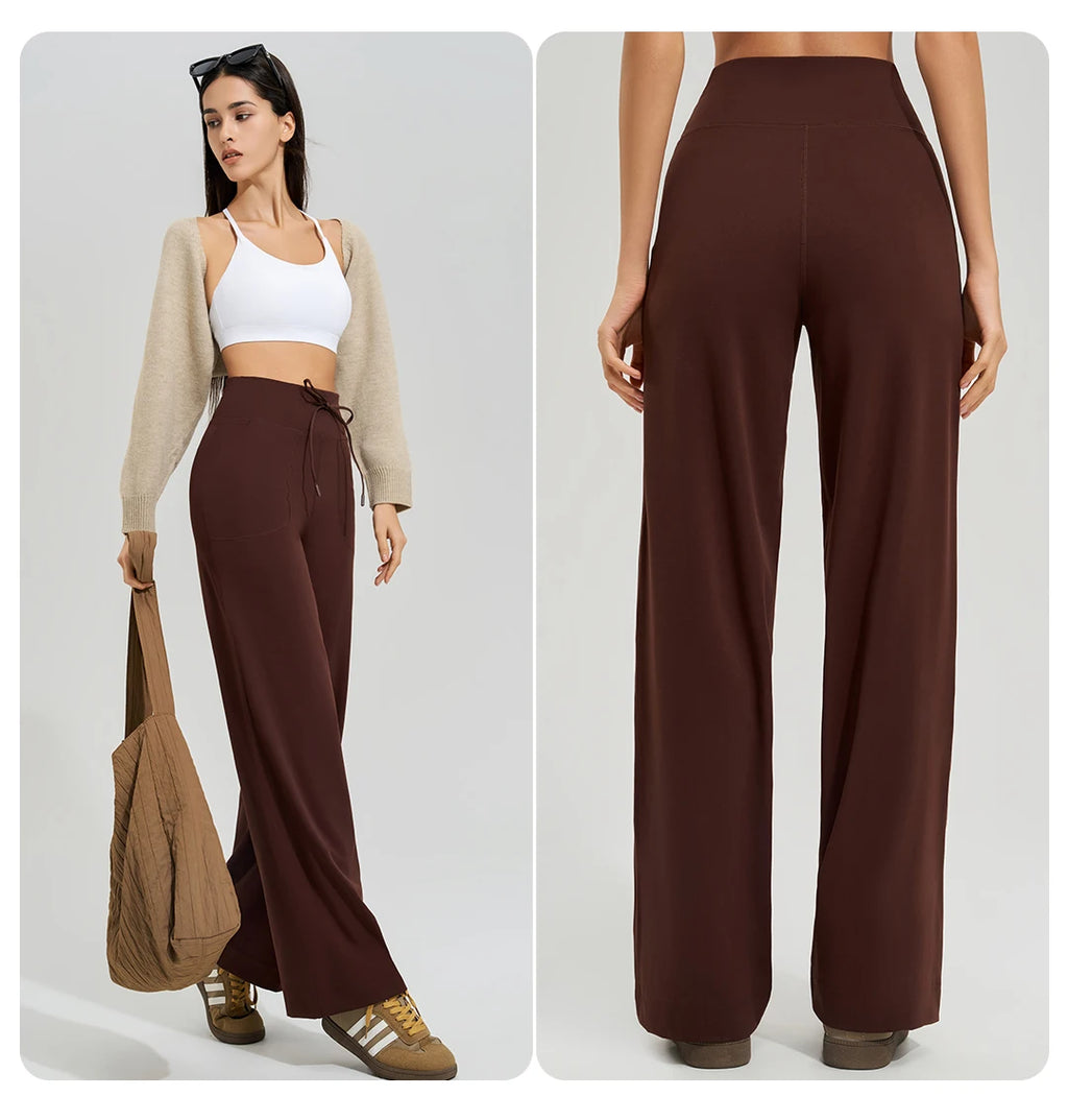 Women's High Waist Yoga Pants Gym Loose Running Yoga Pants Double Side Brushed with Pockets Pants Ties
