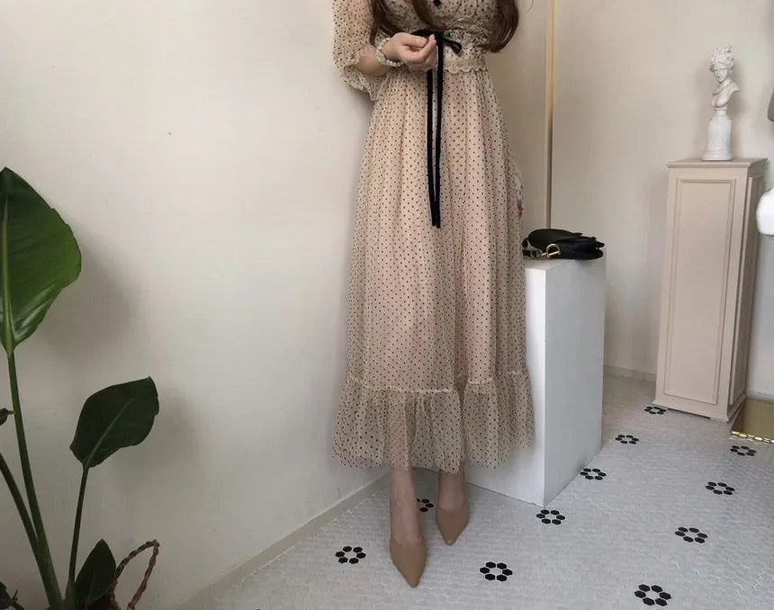 Women Clothing Vestidos Vintage Dress Elegant Square Neck High Waisted Lace Organza Polka Dot Dresses Chic Summer 2025 Slim