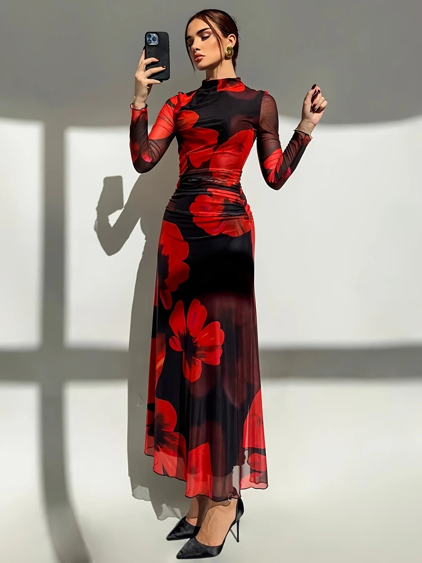 Elegant Dress  Flower Print  Women's Streetwear Fashion o-Neck Skinny Sexy Lady Dresses 2025 Summer New