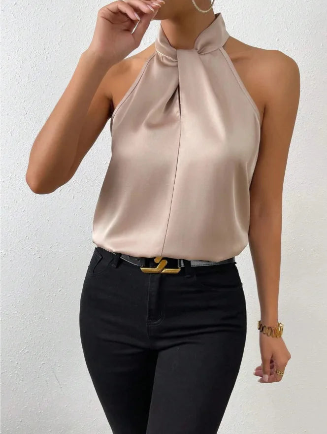 2025 Women's Tanks Top Camis Hanging Neck Strap Design Satin Gloss Loose Sleeveless Blouses Blusas Mujer Moda Black Sexy Shirt