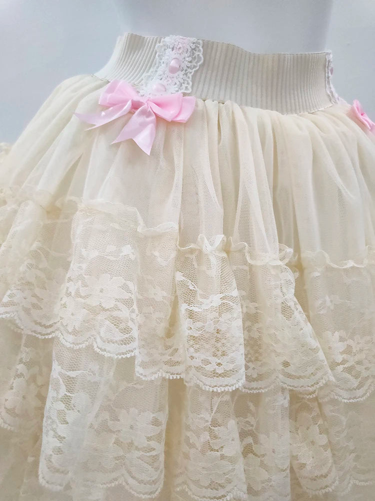Pink Skirts for Sweet Girls Summer Bows Decoration Elastic Waist Lolita Style Multilayered Lace Skirt Kawaii Clothes