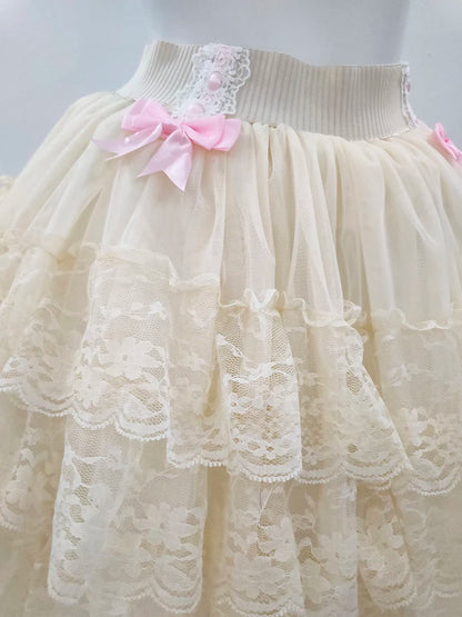 Pink Skirts for Sweet Girls Summer Bows Decoration Elastic Waist Lolita Style Multilayered Lace Skirt Kawaii Clothes