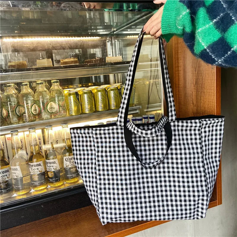 Women Canvas Shoulder Bags Plaid Double-side Large Capacity Handbags Female Shopping Portable Lazy All-match Foldable Tote Bag