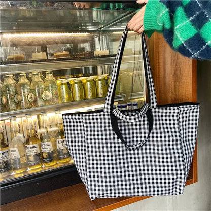Women Canvas Shoulder Bags Plaid Double-side Large Capacity Handbags Female Shopping Portable Lazy All-match Foldable Tote Bag
